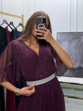 Mirdzoša maxi kleita ar tilla svārkiem - plūmju