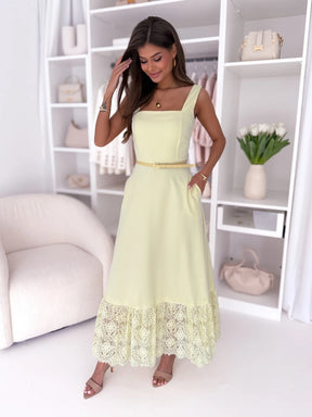 LUX kolekcijas Dzeltena midi kleita ar mežģīņu apdari