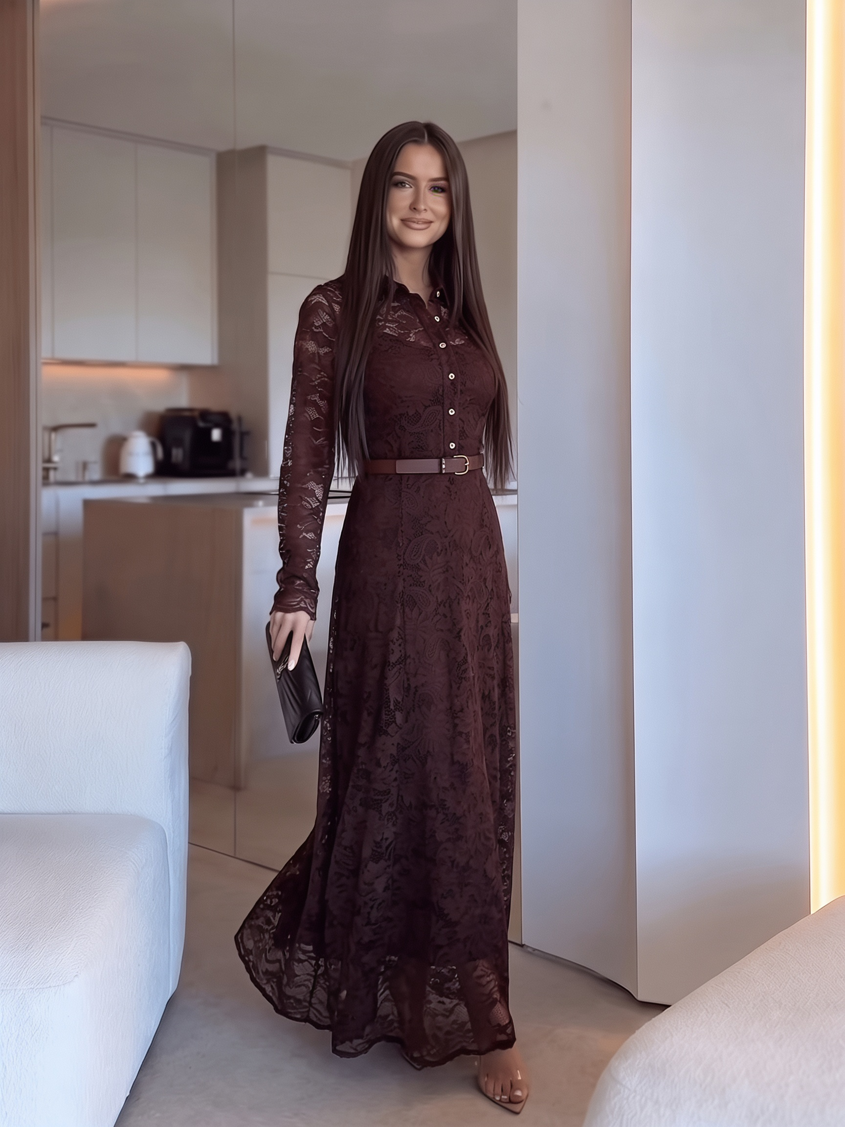 Eleganta mežģīņu maxi kleita ar apakškleitu - bordo