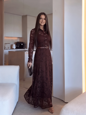 Eleganta mežģīņu maxi kleita ar apakškleitu - bordo